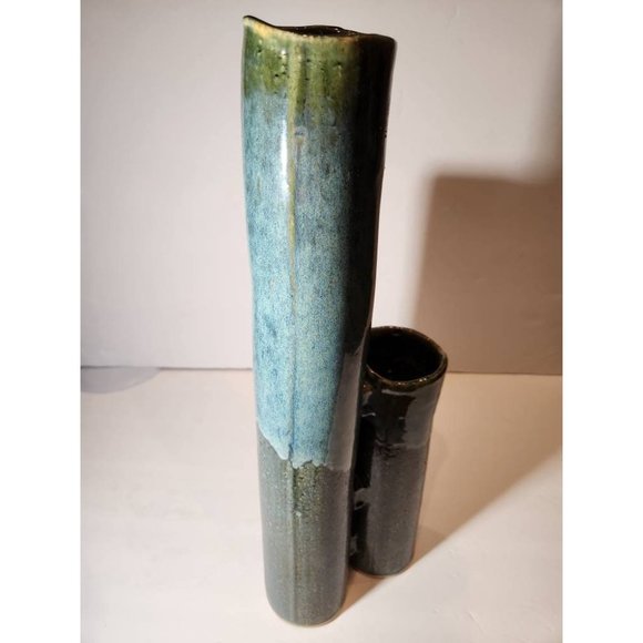 Tall Tri-Cylinder Heavily Glazed Green Blues Vases Adjoined Together Twi-ware Si - Picture 3 of 8